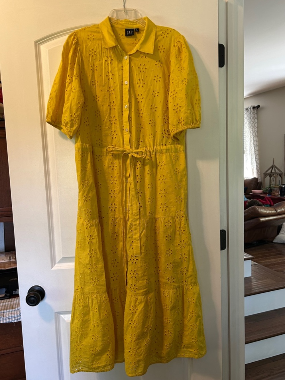 GAP Bright Yellow Eyelet Midi Shirt Dress